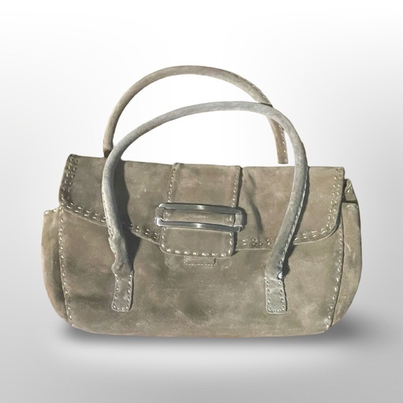 Vintage Boho Ann Taylor Suede Leather Top Handle Satchel Bag Taupe Beige Purse - Picture 2 of 5